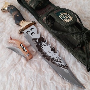 Üç Hilalli Gri Kurt Figürlü - Komando Avcı Bıçağı